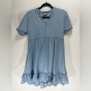 Lucky Brand Chambray Denim Babydoll Dress | Short Sleeve Tiered | Size M